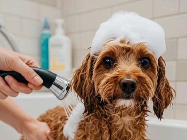 Cachorro de pelo cacheado tomando banho com espuma, banho e tosa em João Pessoa