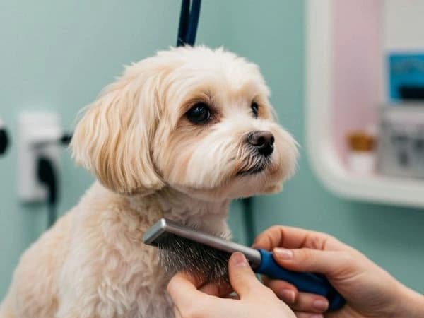 Cachorro de pelo claro sendo escovado no banho e tosa em João Pessoa